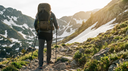 Escursionista che utilizza i bastoncini da trekking su un sentiero di montagna panoramico in primavera.